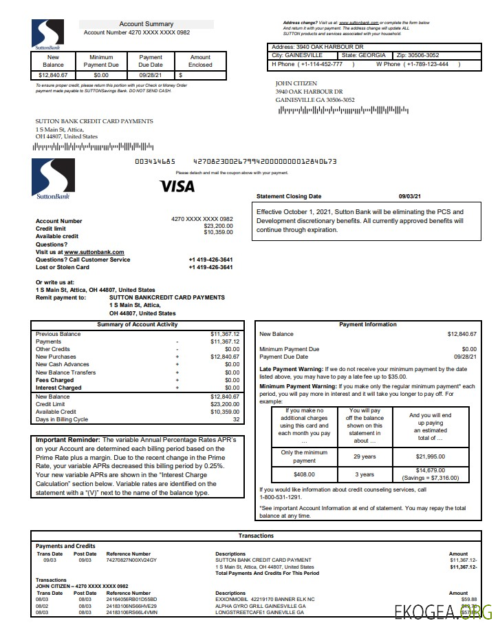 États Unis Sutton Bank Relevé de carte de crédit